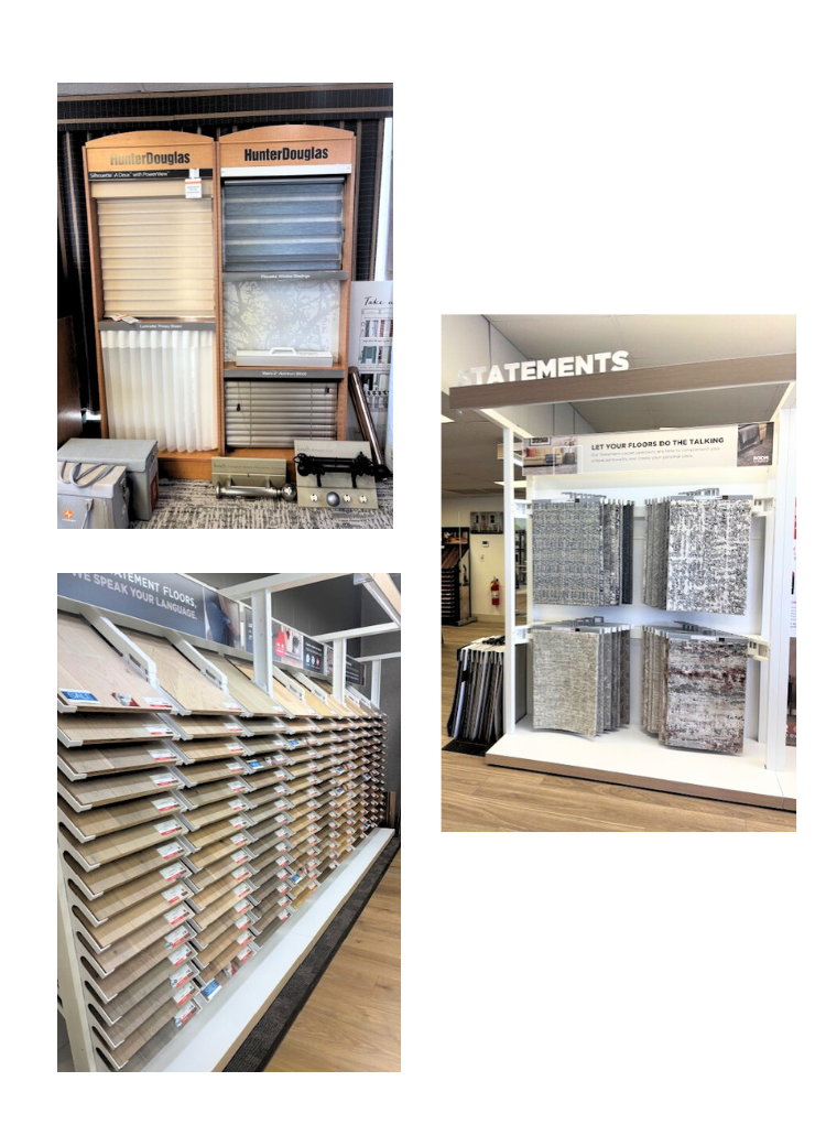 Showroom photos of blinds, hardwood and carpet samples 